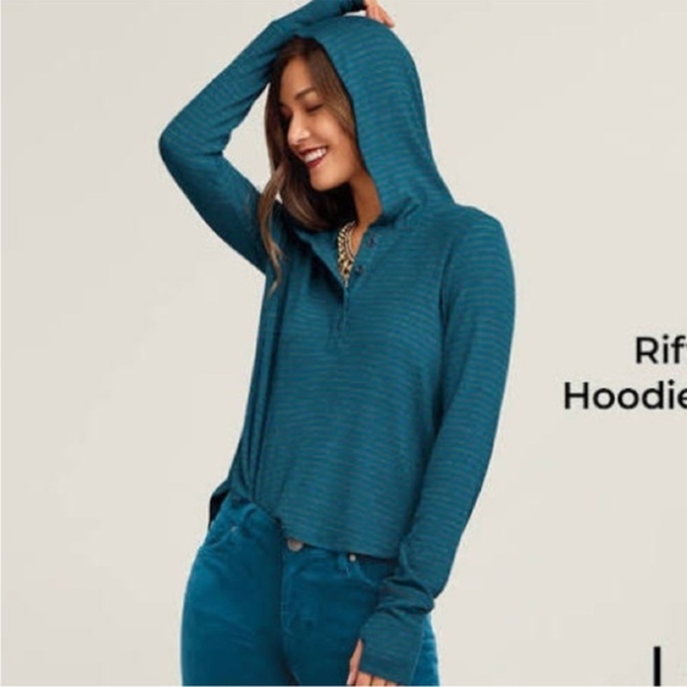 Cabi 4191 Riff Hoodie Charcoal Moroccan Blue Strips Women Size Small Thumb Hole.